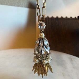 J Crew Pearl & Crystal Antique Gold Tassel Pendant Necklace